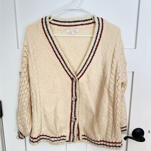 Sweaterland Cream Cardigan with Striped Trim